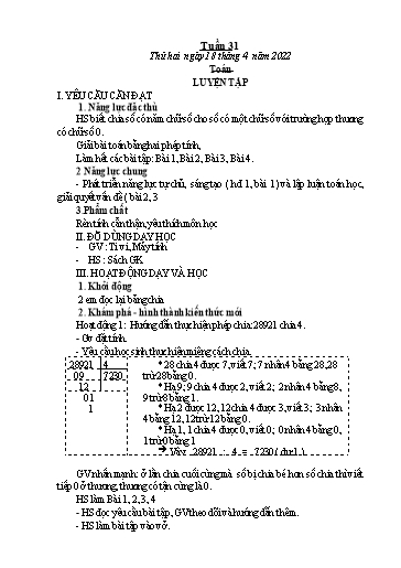 Giáo án Tiếng Việt + Toán 3 - Tuần 31 - Năm học 2021-2022 - Nguyễn Thị Hằng