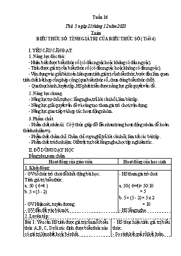Kế hoạch bài dạy Tiếng Việt + Toán 3 - Tuần 16 (Thứ 5+6) - Năm học 2023-2024 - Lê Thị Minh Hưng