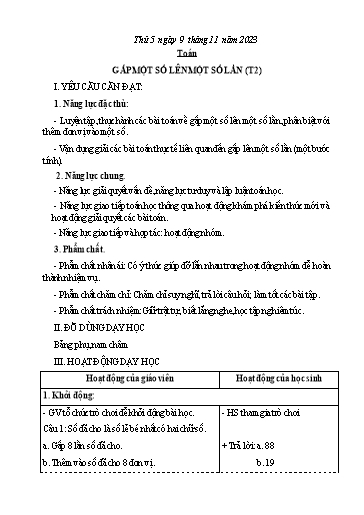 Kế hoạch bài dạy Tiếng Việt + Toán Lớp 3 - Tuần 10 (Thứ 5+6) - Năm học 2023-2024 - Nguyễn Thị Hải Trường