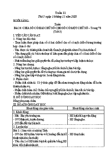 Kế hoạch bài dạy Tiếng Việt + Toán Lớp 3 - Tuần 11 (Thứ 5+6) - Năm học 2023-2024 - Nguyễn Thị Loan