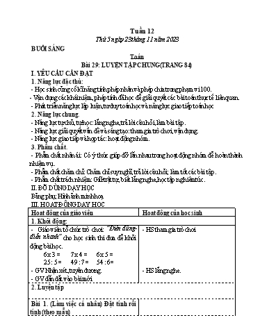 Kế hoạch bài dạy Tiếng Việt + Toán Lớp 3 - Tuần 12 (Thứ 5+6) - Năm học 2023-2024 - Nguyễn Thị Loan
