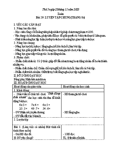 Kế hoạch bài dạy Tiếng Việt + Toán Lớp 3 - Tuần 12 (Thứ 5+6) - Năm học 2023-2024 - Nguyễn Thị Hải Trường