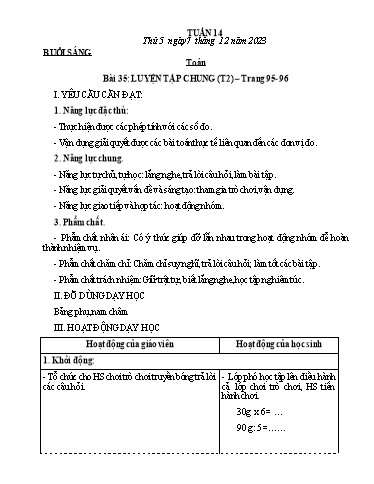 Kế hoạch bài dạy Tiếng Việt + Toán Lớp 3 - Tuần 14 (Thứ 5+6) - Năm học 2023-2024 - Nguyễn Thị Loan