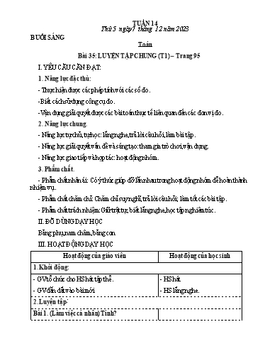 Kế hoạch bài dạy Tiếng Việt + Toán Lớp 3 - Tuần 14 (Thứ 5+6) - Năm học 2023-2024 - Lê Thị Minh Hưng