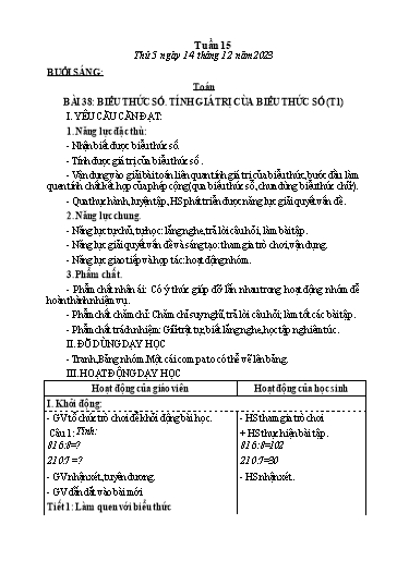 Kế hoạch bài dạy Tiếng Việt + Toán Lớp 3 - Tuần 15 (Thứ 5+6) - Năm học 2023-2024 - Nguyễn Thị Loan