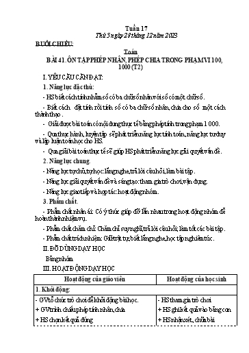 Kế hoạch bài dạy Tiếng Việt + Toán Lớp 3 - Tuần 17 (Thứ 5+6) - Năm học 2023-2024 - Nguyễn Thị Loan