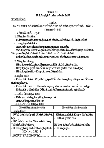 Kế hoạch bài dạy Tiếng Việt + Toán Lớp 3 - Tuần 31 (Thứ 5-6) - Năm học 2023-2024 - Nguyễn Thị Loan