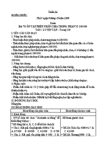 Kế hoạch bài dạy Tiếng Việt + Toán Lớp 3 - Tuần 34 (Thứ 5+6) - Năm học 2023-2024 - Nguyễn Thị Hải Trường