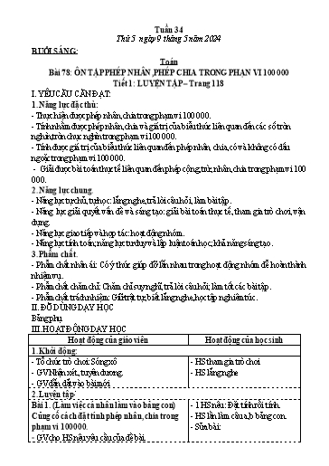 Kế hoạch bài dạy Tiếng Việt + Toán Lớp 3 - Tuần 34 (Thứ 5+6) - Năm học 2023-2024 - Nguyễn Thị Loan