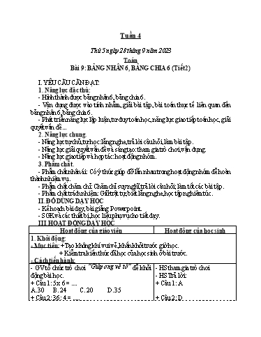 Kế hoạch bài dạy Tiếng Việt + Toán Lớp 3 - Tuần 4 (Thứ 5+6) - Năm học 2023-2024 - Nguyễn Thị Hải Trường