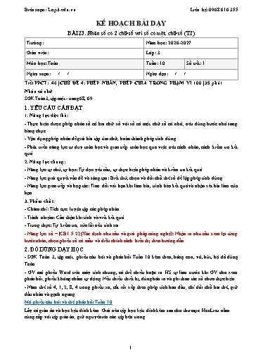 Giáo án Toán lớp 3 sách KNTT - Tuần 10 - Năm học 2026-2027 (Tích hợp năng lực số và AI)