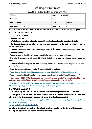 Giáo án Toán lớp 3 sách KNTT - Tuần 12 - Năm học 2026-2027 (Tích hợp năng lực số và AI)