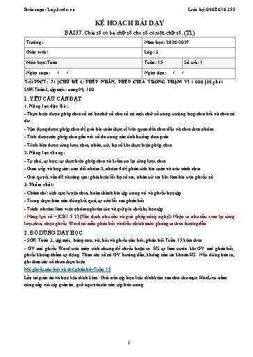 Giáo án Toán lớp 3 sách KNTT - Tuần 15 - Năm học 2026-2027 (Tích hợp năng lực số và AI)