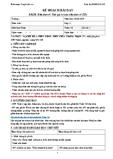 Giáo án Toán lớp 3 sách KNTT - Tuần 16 - Năm học 2026-2027 (Tích hợp năng lực số và AI)