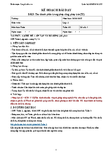 Giáo án Toán lớp 3 sách KNTT - Tuần 2 - Năm học 2026-2027 (Tích hợp năng lực số và AI)